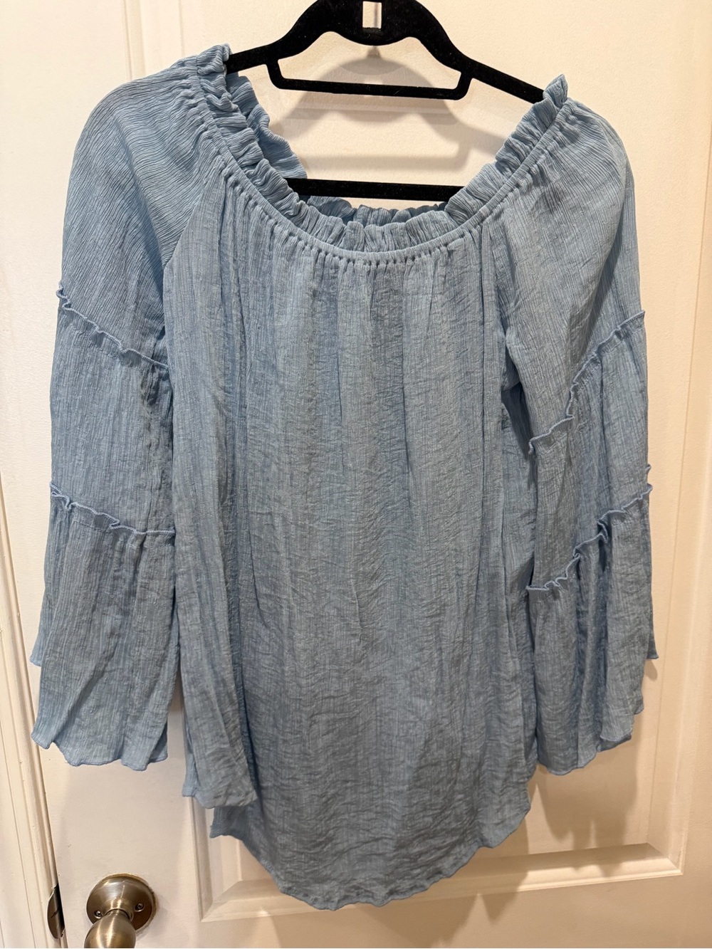 SHEIN Light Blue Off-Shoulder Ruffle Peasant Top